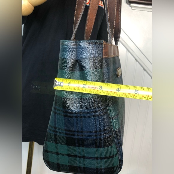 W RALPH LAUREN Black Watch Plaid Coated Canvas & Leather Shoulder Tote Bag - Picture 13 of 17